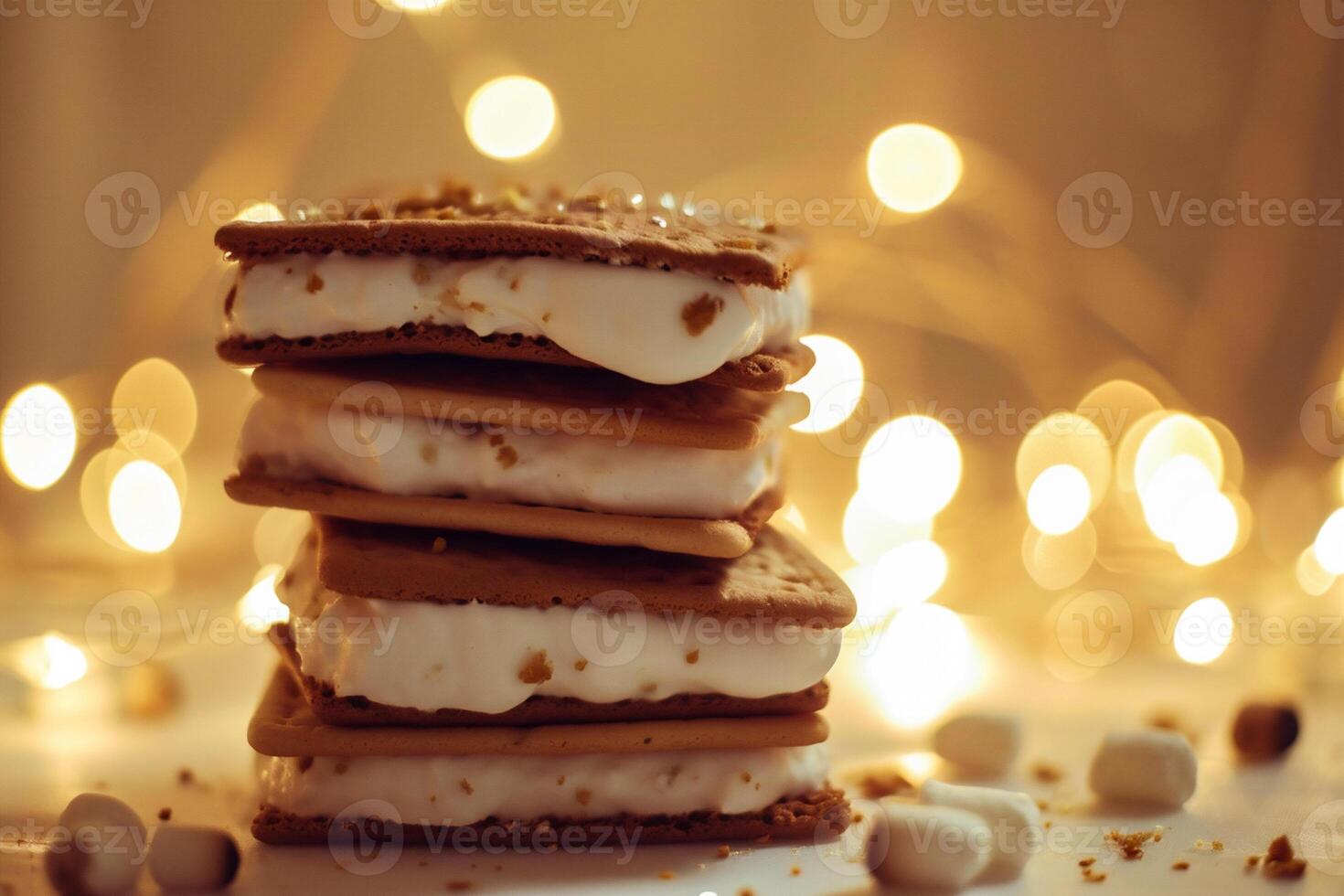 AI generated Stack of delicious chocolate cookies and marshmallows on table, closeup photo