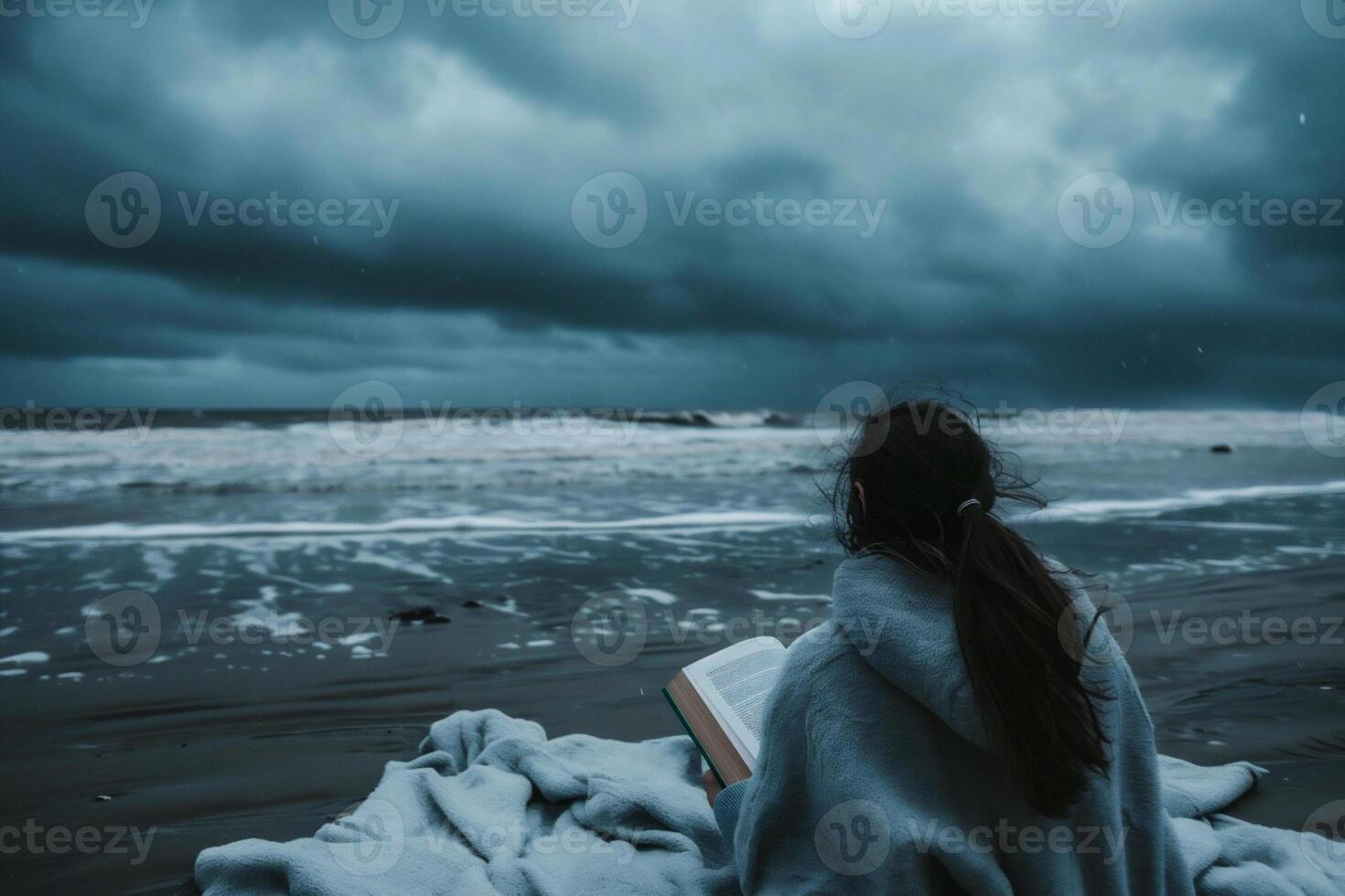 AI generated Young woman reading a book on the beach in stormy weather. photo