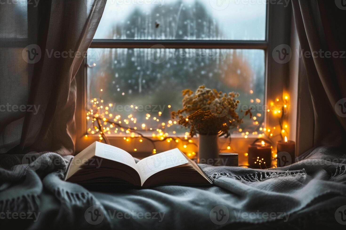 AI generated Open book, dry flowers and burning candles on the windowsill. Cozy home interior. photo