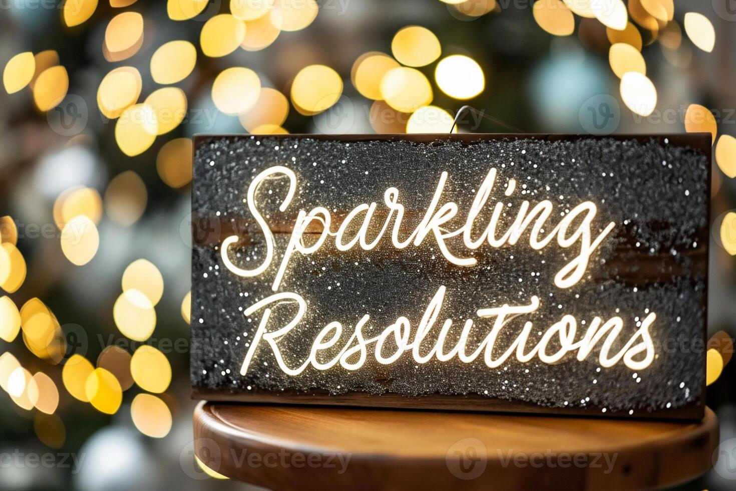 AI generated Blackboard with text Sparkling Resolutions in front of Christmas tree photo