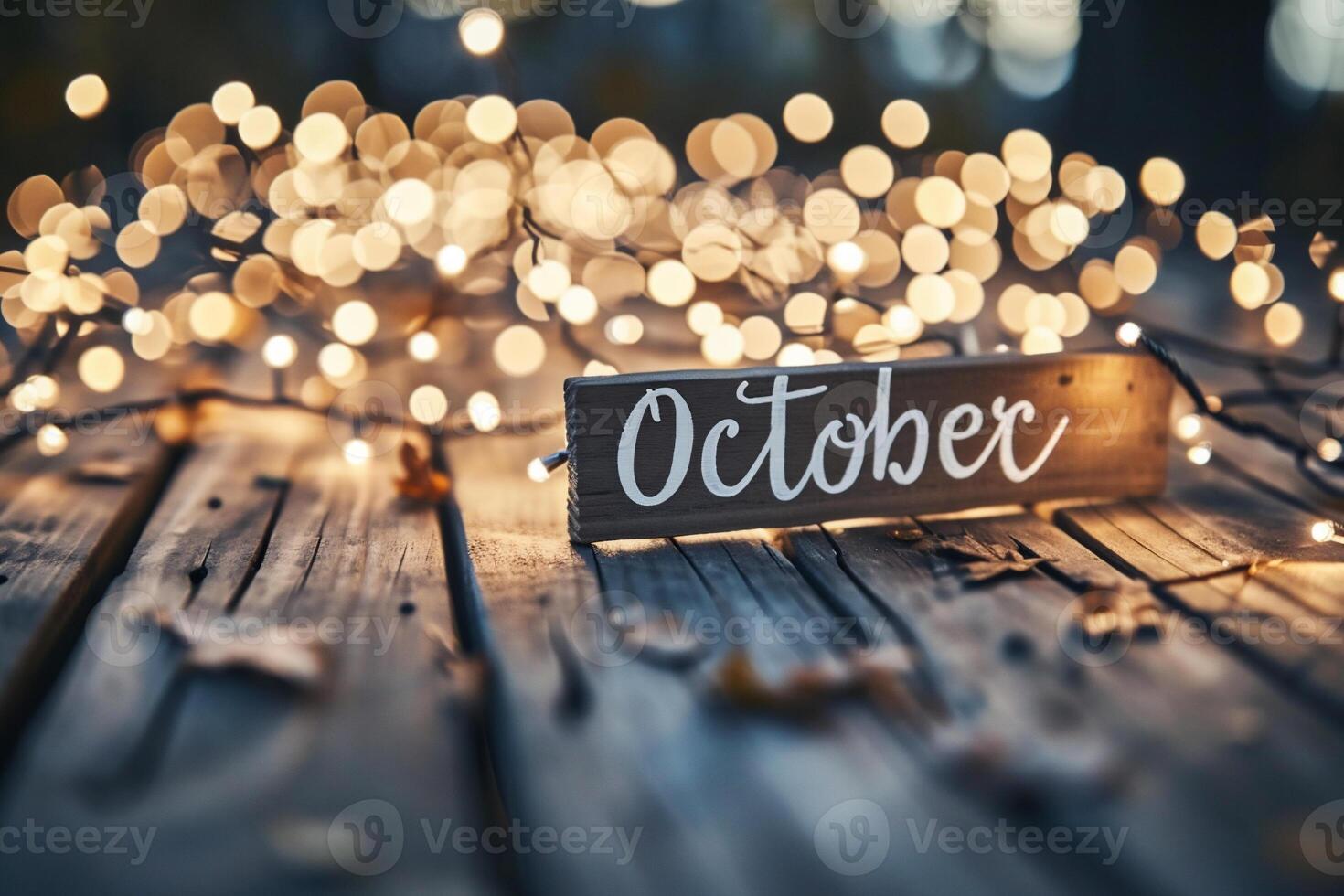 AI generated Wooden sign with the word October on a bokeh background photo