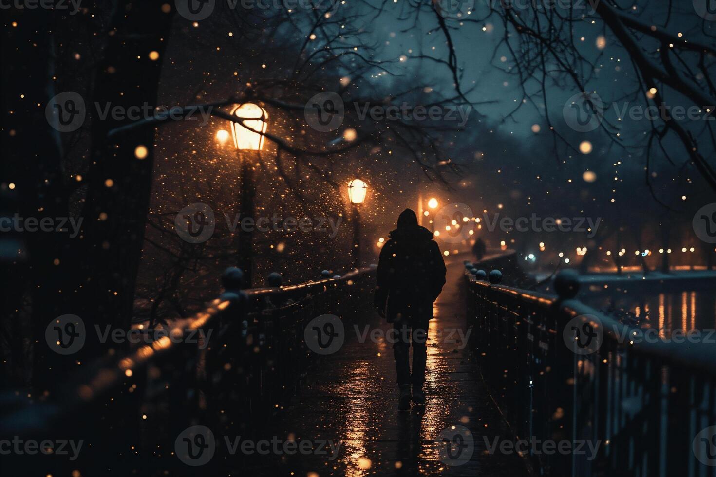 AI generated A man walking along a bridge in the rain at night with lanterns photo