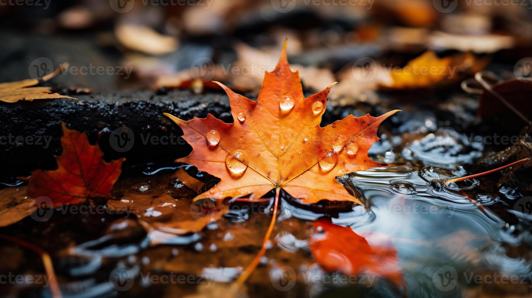 AI generated Maple leaf in autumn forest with sun rays and reflection in water photo
