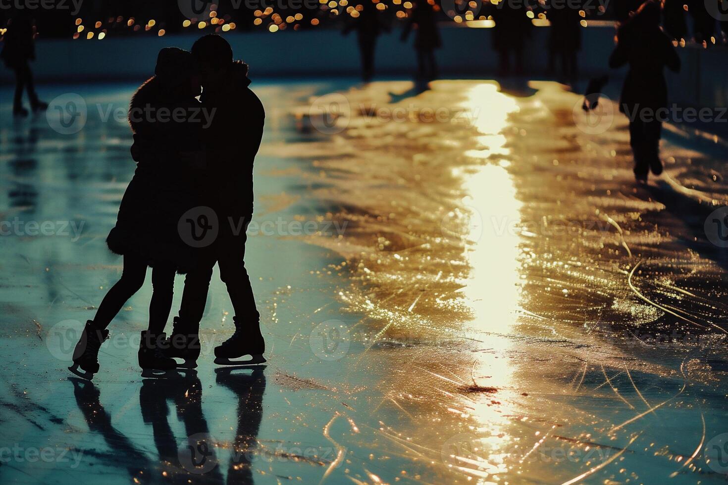 AI generated Couple skating on ice rink in the city at night. Winter vacation concept. photo