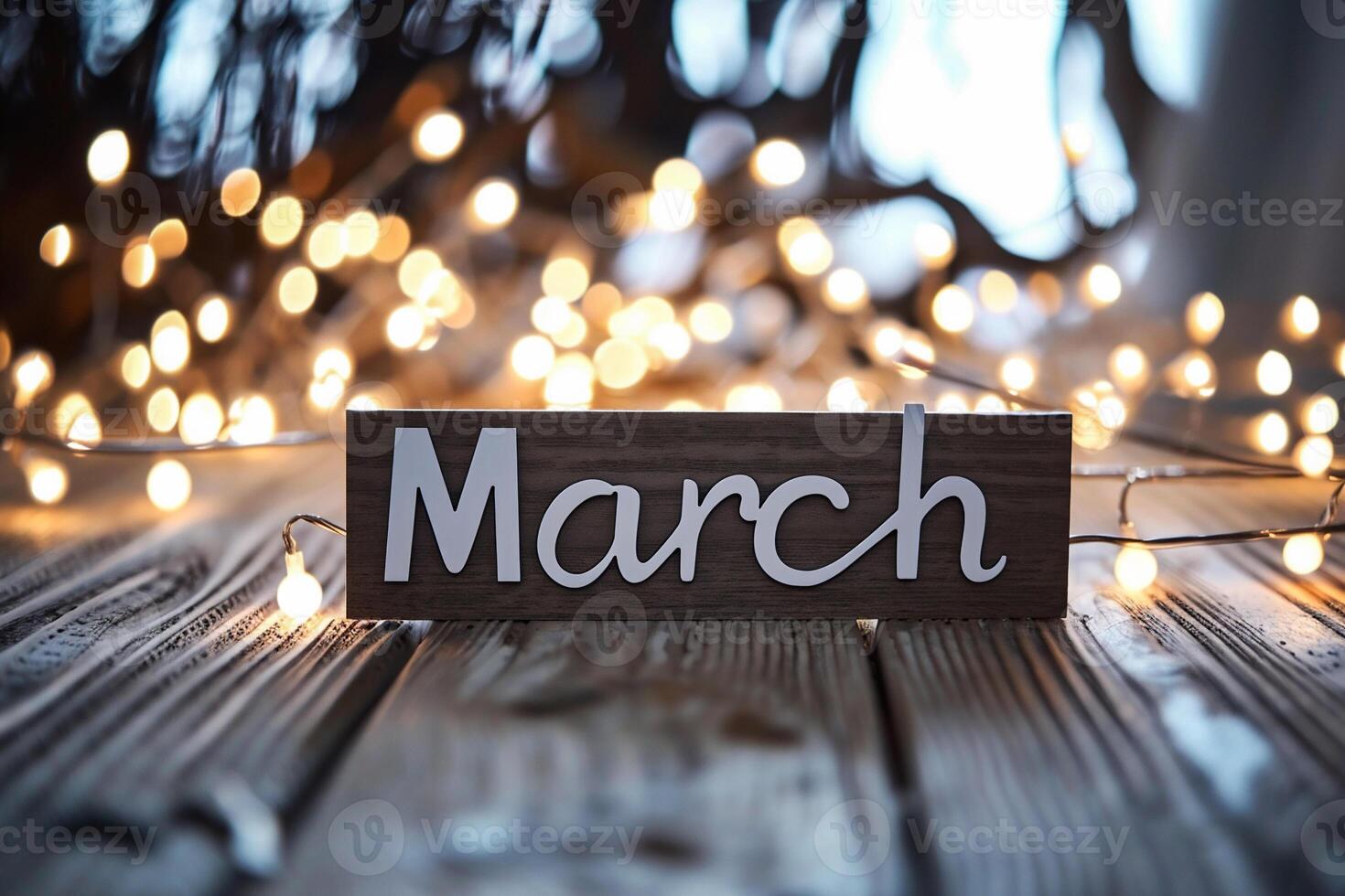 AI generated MARCH word on wooden sign board with bokeh lights on background photo