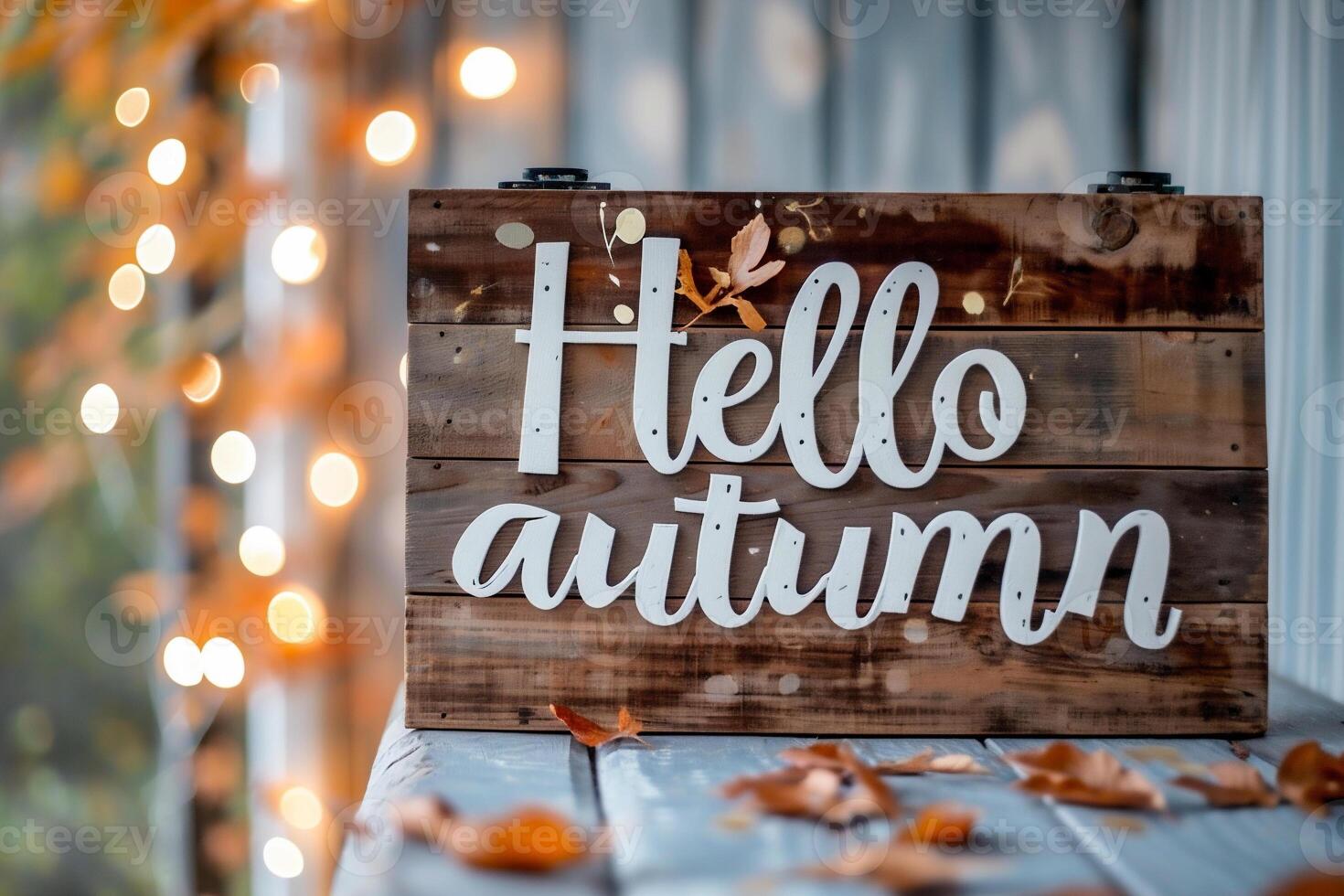 AI generated Hello autumn lettering on wooden signboard with bokeh background photo