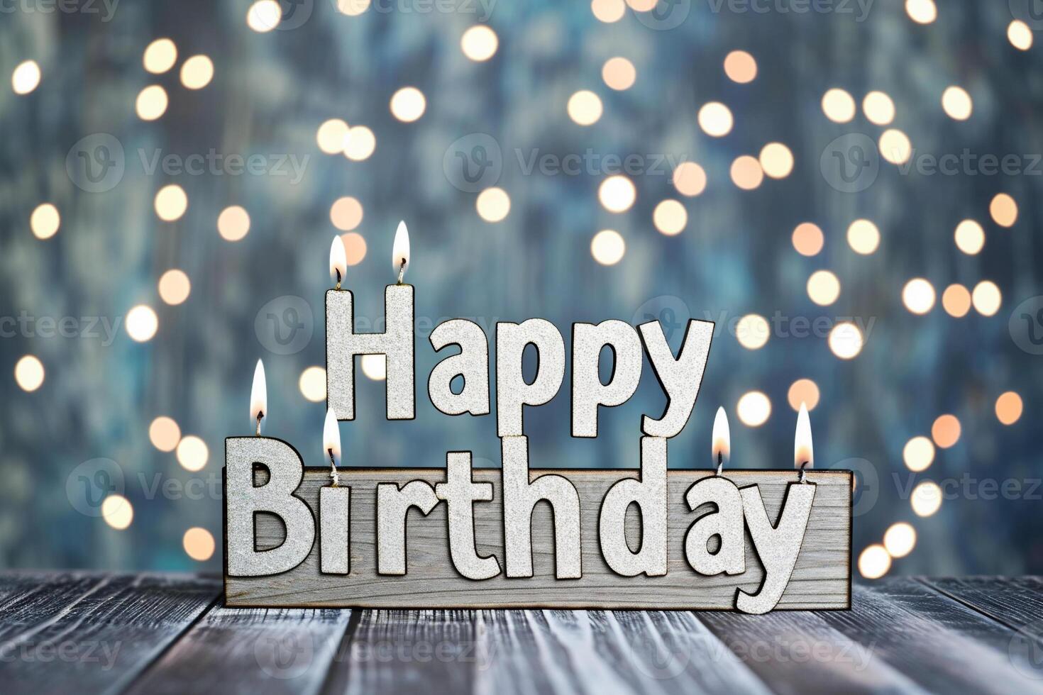 AI generated Happy birthday card with candles on wooden table over bokeh background photo