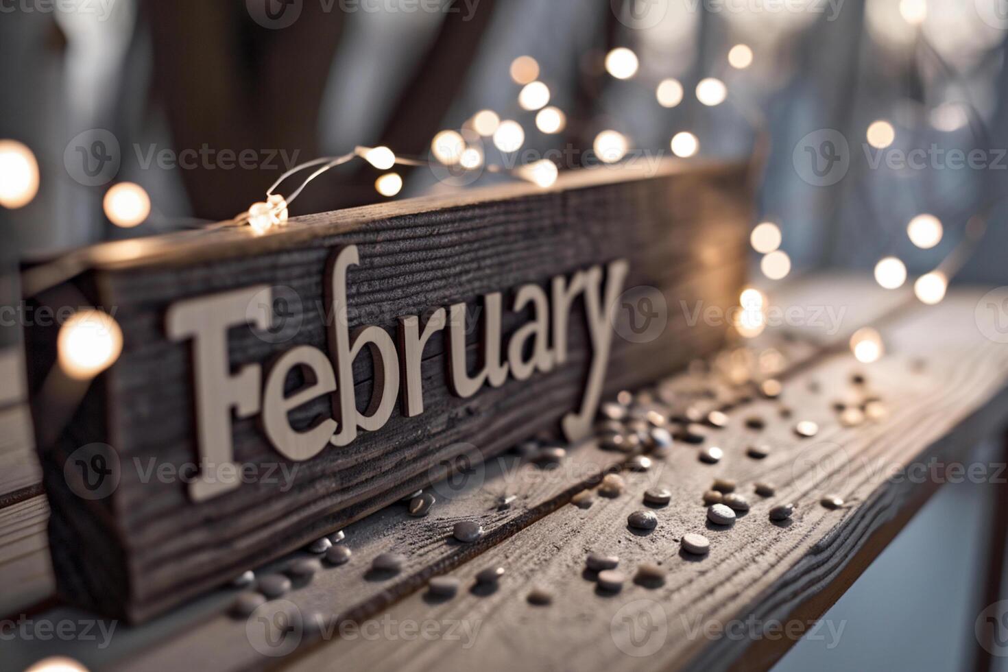 AI generated Wooden sign with text FEBRUARY on a wooden background photo