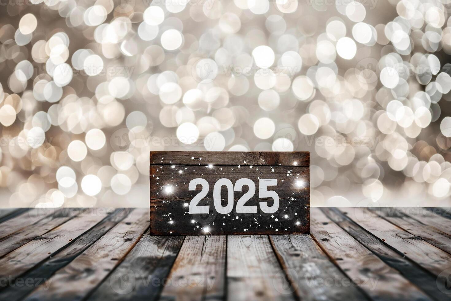 ai generado contento nuevo año 2025 texto en de madera tablero con bokeh antecedentes foto