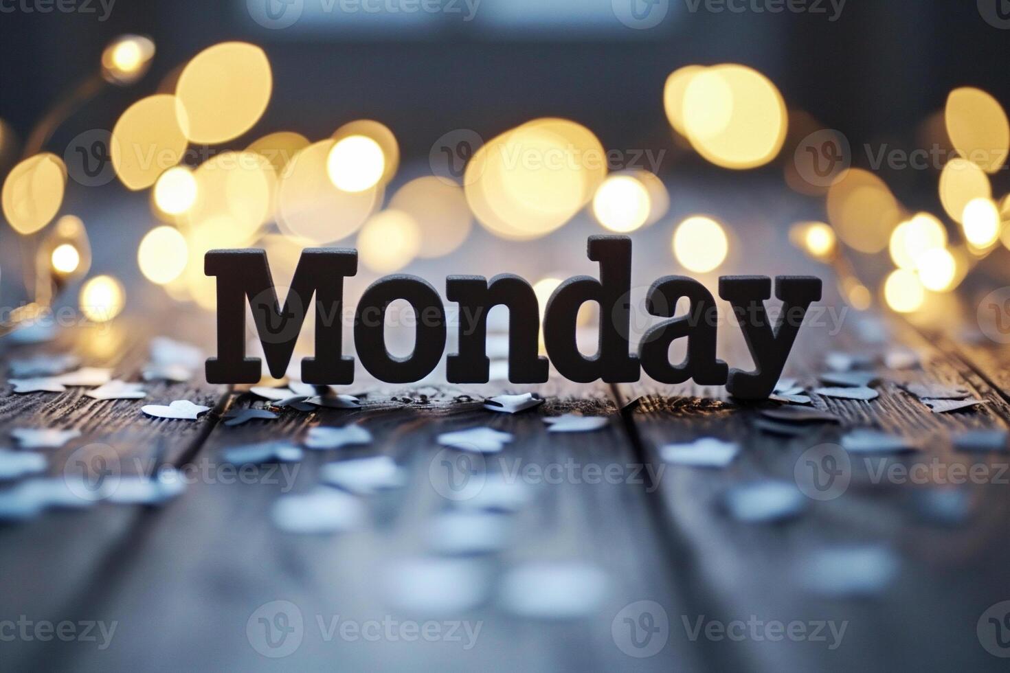 AI generated MONDAY text on wooden background with bokeh lights. photo