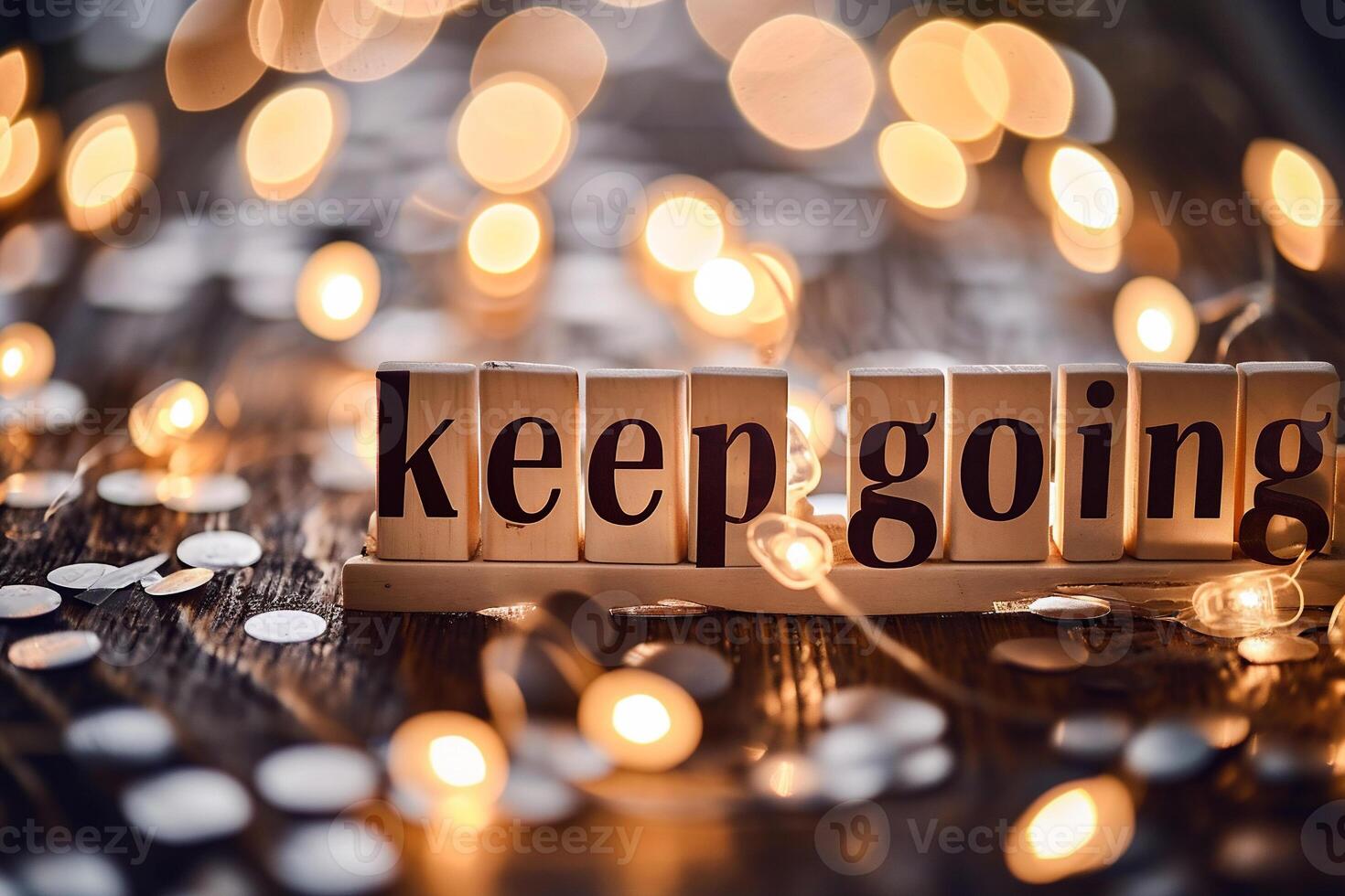AI generated Keep Going sign on wooden blocks with bokeh lights background. photo