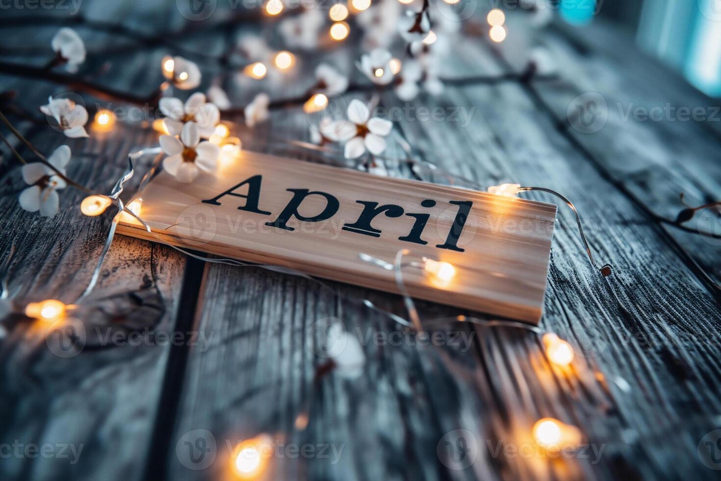 AI generated Wooden sign with the word April on a wooden table in the garden photo