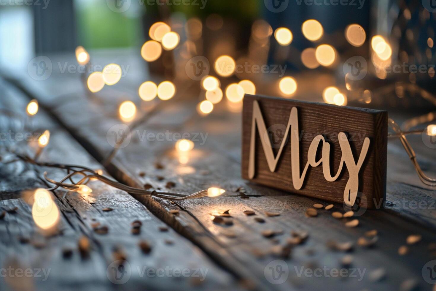 AI generated Wooden sign with the wordMay on bokeh background photo