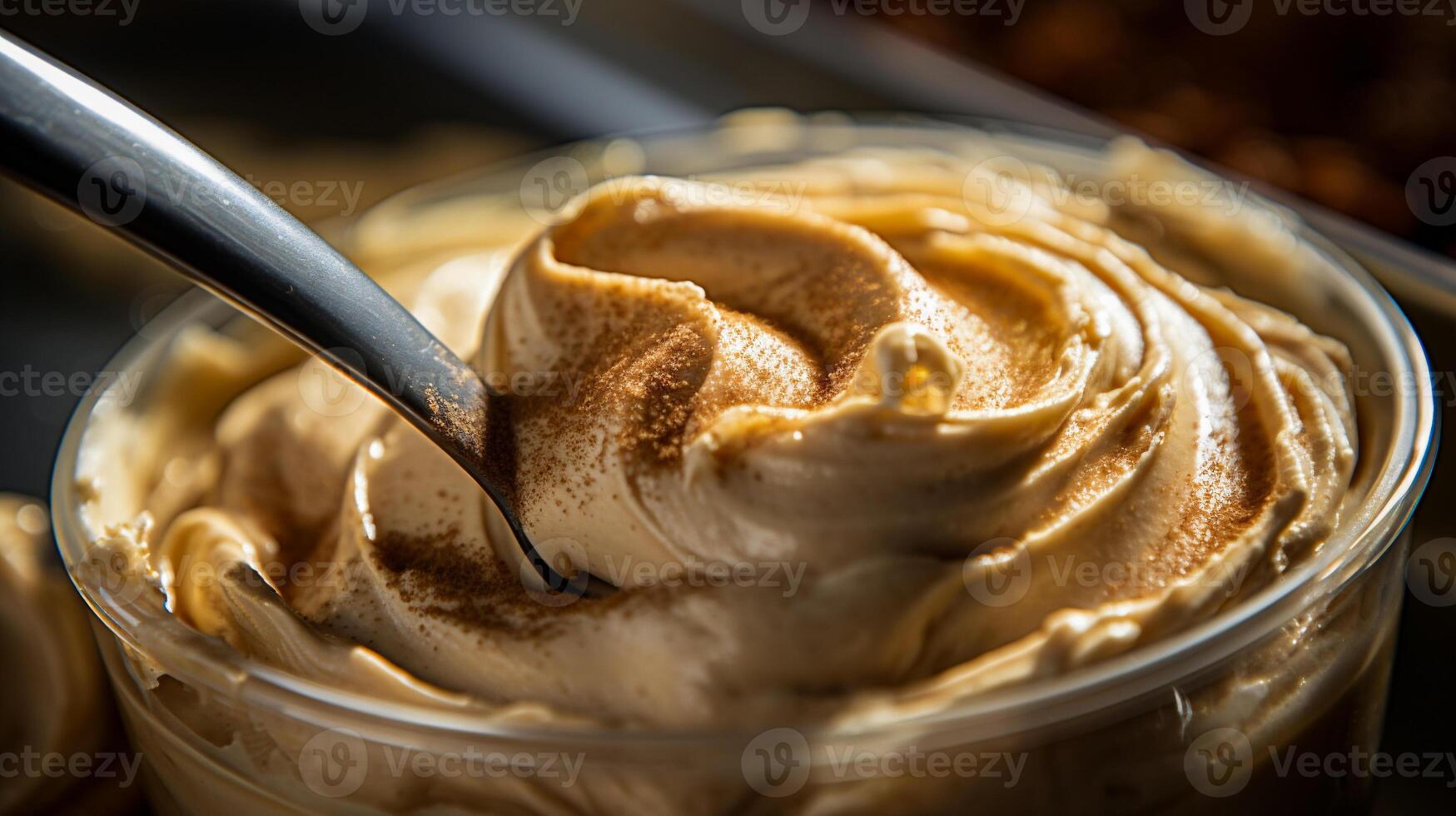 AI generated Closeup of a cup of vanilla ice cream with caramel on top photo