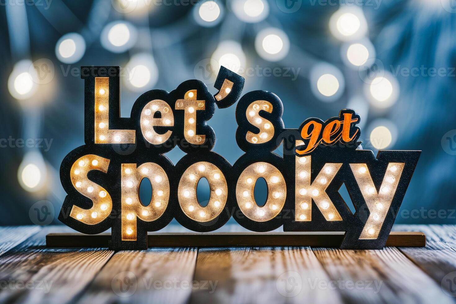 AI generated Let's get spooky written in black wooden letters on wooden background with bokeh lights photo