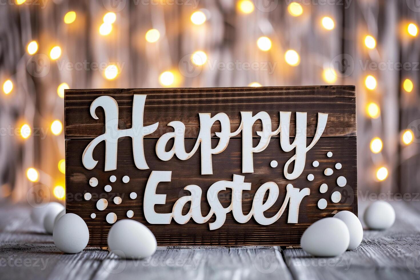 AI generated Happy Easter greeting card with bokeh lights on wooden background. photo