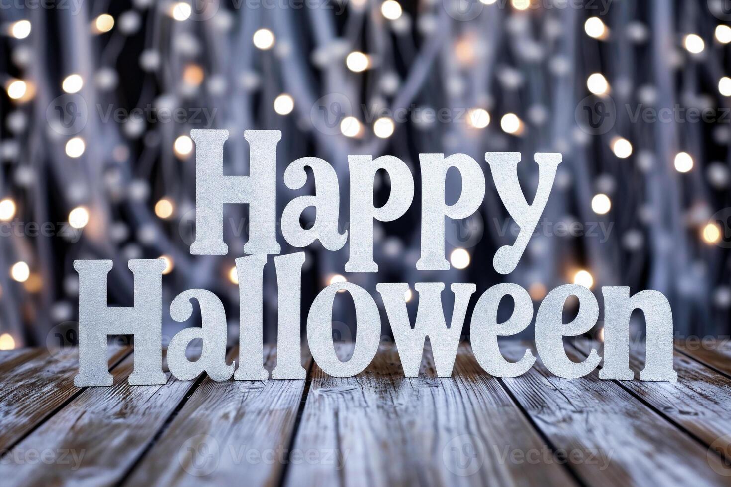 AI generated Happy halloween text on wooden background with bokeh lights photo