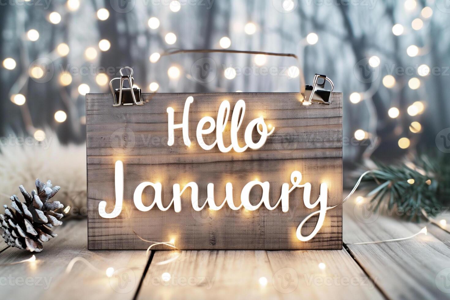 AI generated Hello January text on a wooden sign with christmas lights on background photo