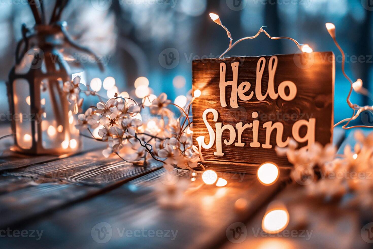 AI generated Hello Spring message on wooden background with lights and flowers. Hello spring. photo