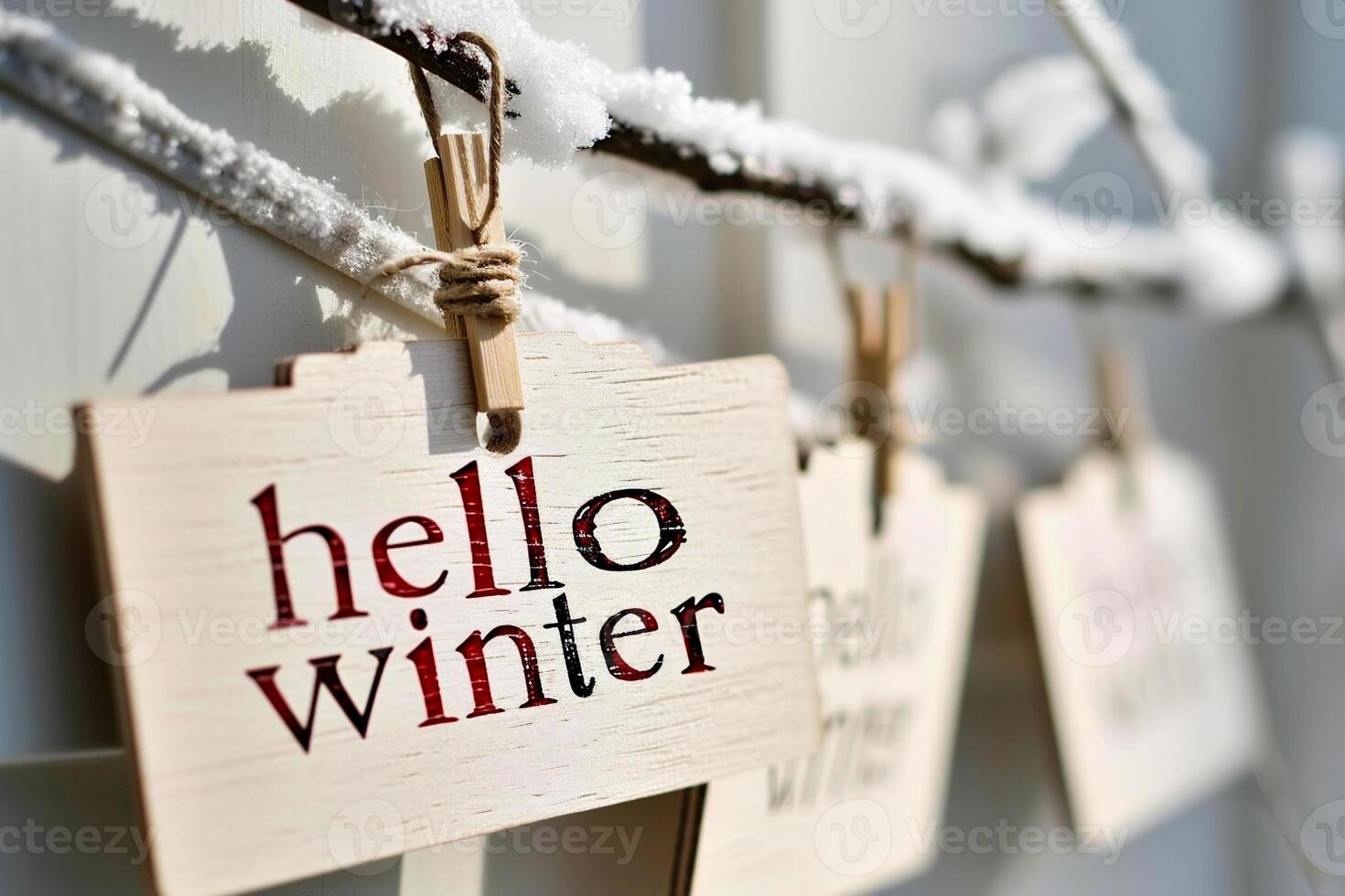 AI generated Wooden signboard with the inscription Hello winter photo