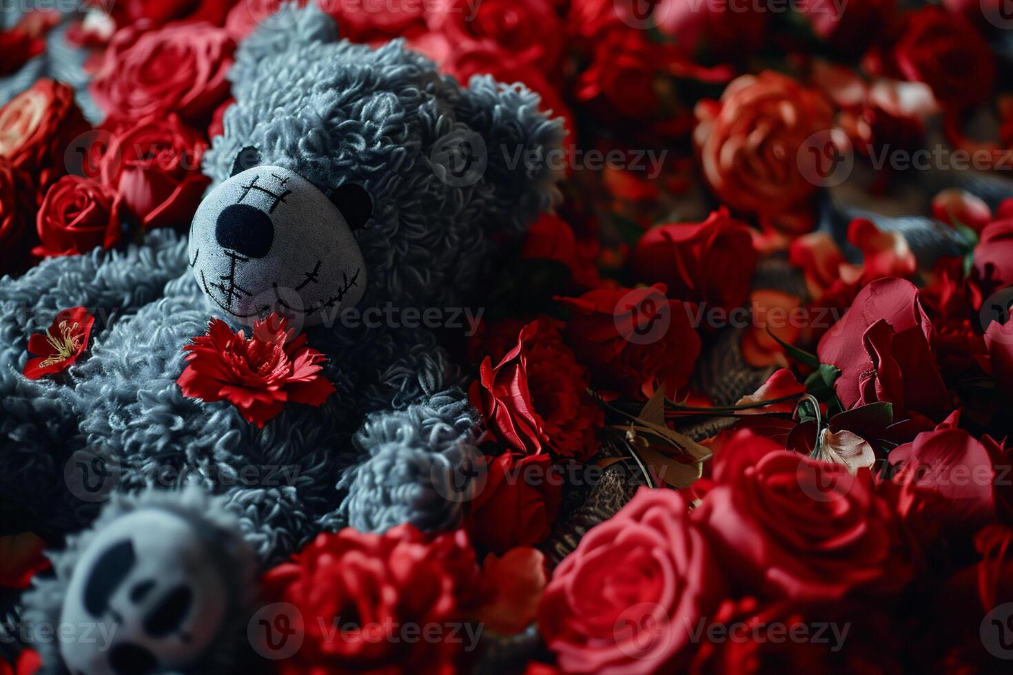 AI generated Valentine's day background with red roses and teddy bears photo