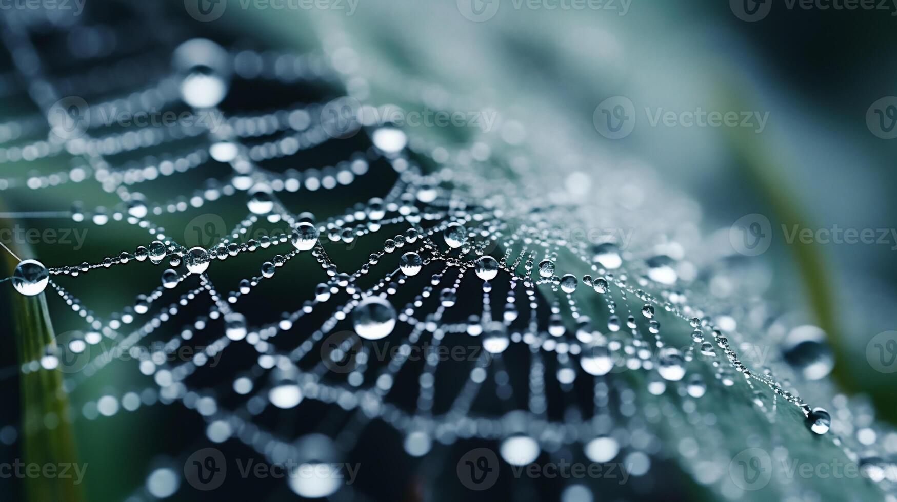 AI generated Spider web with dew drops close-up. Nature background. photo