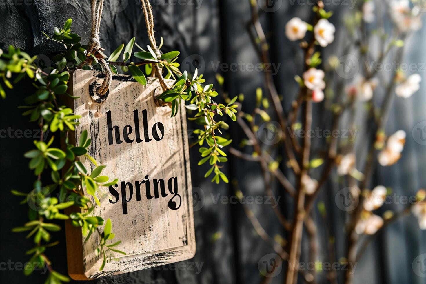 AI generated Hello spring sign hanging on a black wooden wall with flowers in the background photo