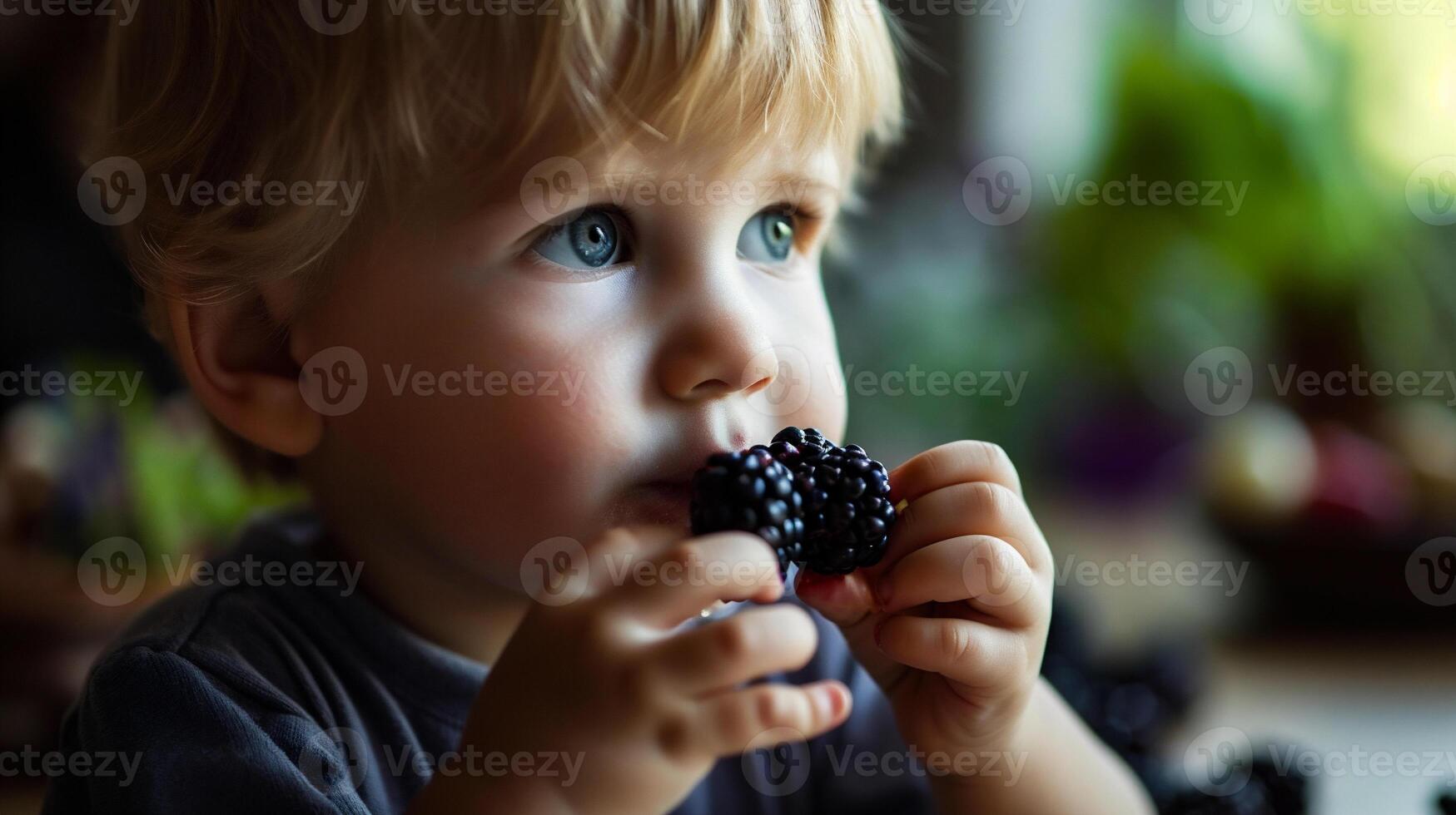 AI generated Cute little boy eating blackberries in the kitchen. Healthy food for children. photo
