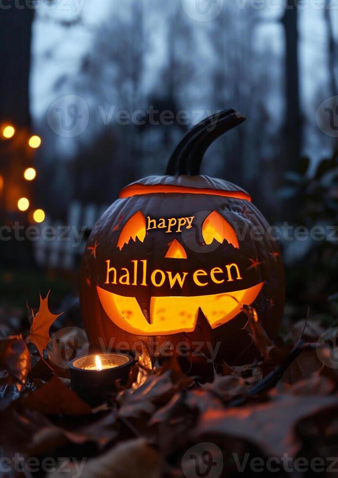 AI generated Halloween pumpkin with burning candles on the background of autumn leaves. photo