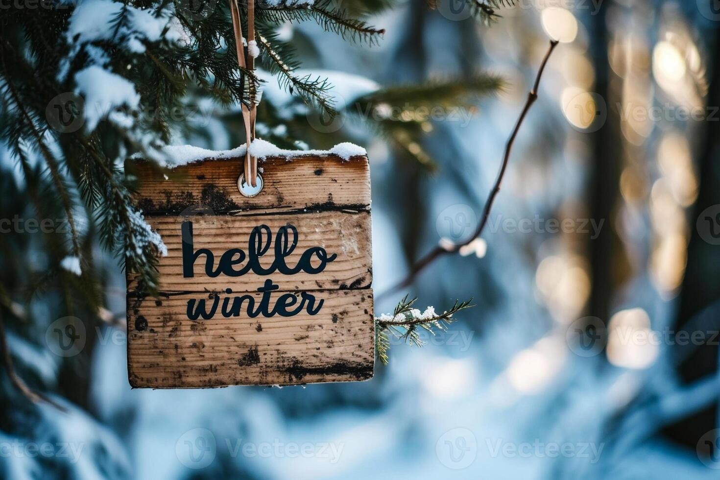 AI generated Wooden signboard with the inscription Hello winter photo