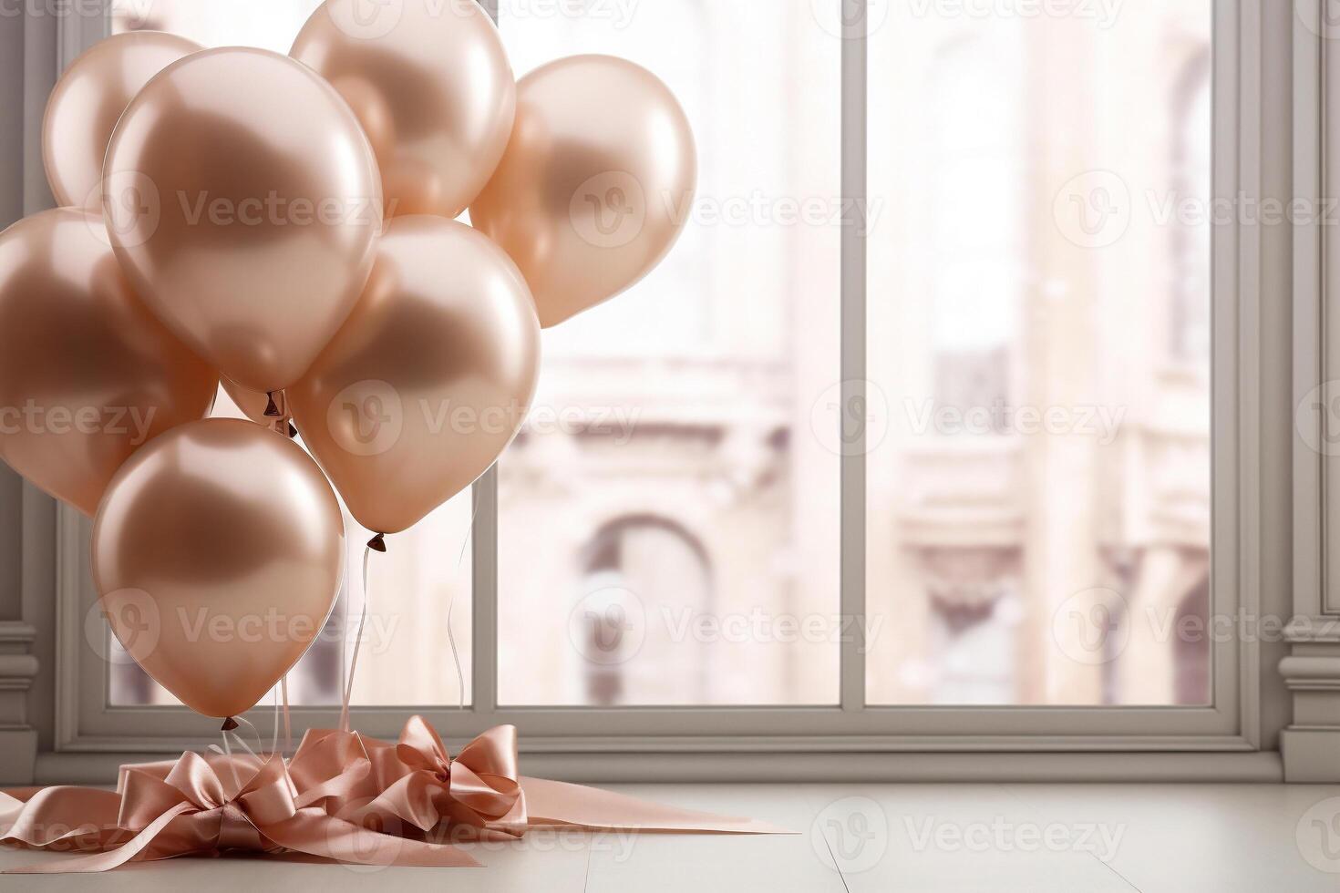 AI generated Bunch of balloons with ribbon and bow in room photo