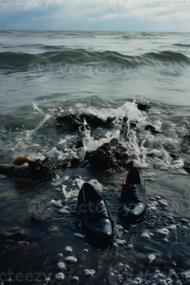 AI generated Black shoes on the rocks in the sea. Shallow depth of field photo