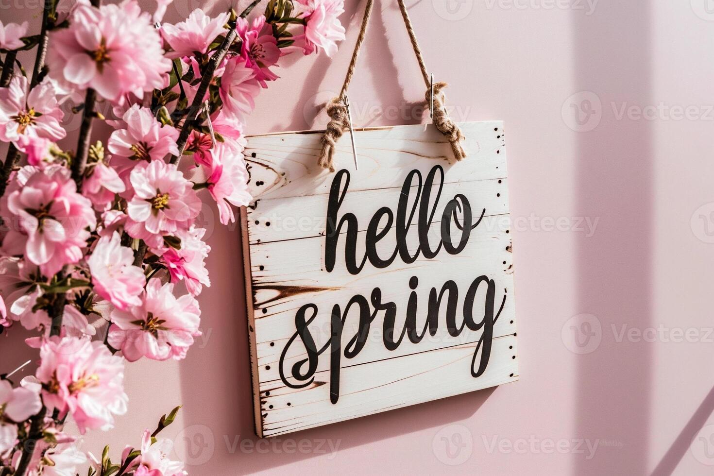 AI generated Hello Spring message on wooden sign hanging on pink wall with cherry blossoms photo