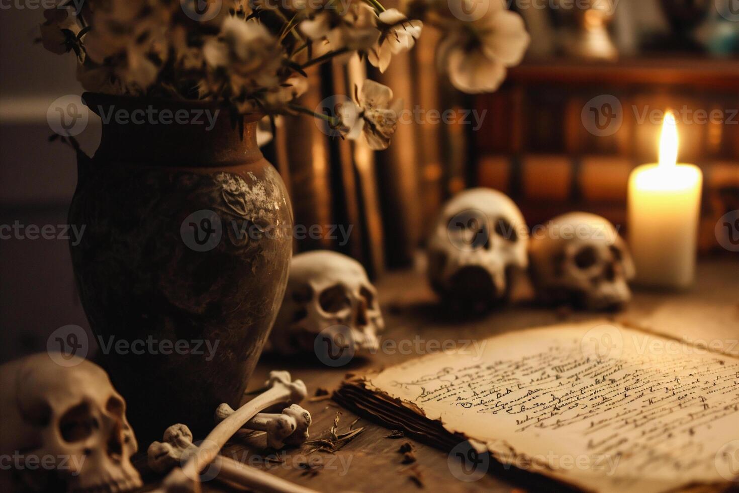 AI generated Still life with human skull and candle on dark background. Halloween concept photo