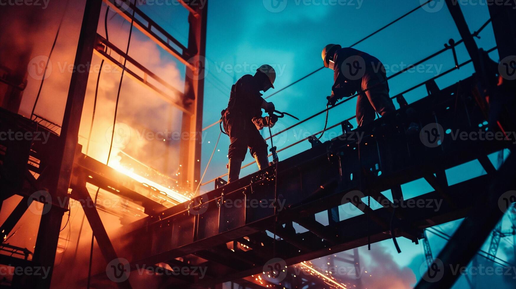 AI generated Industrial workers are welding steel structure at construction site in the evening. photo