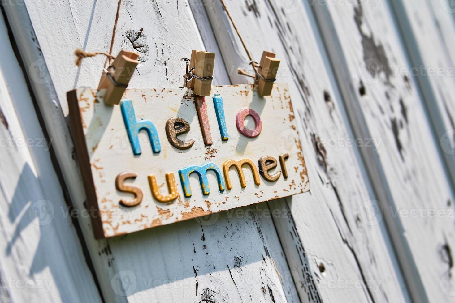 AI generated Hello summer sign hanging on the door of a rustic house. photo