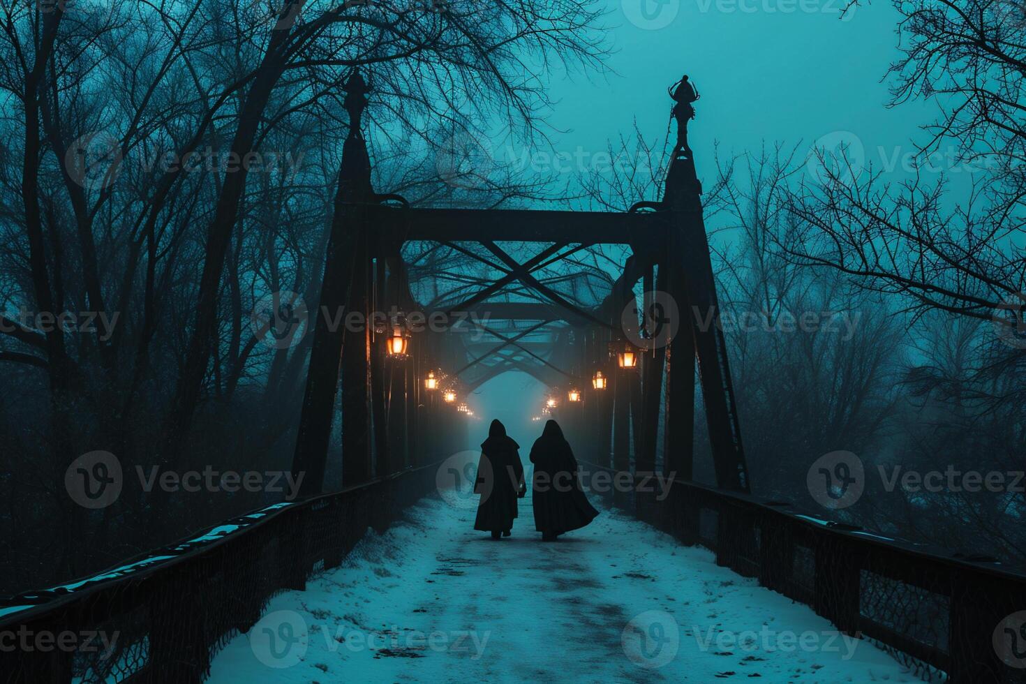 AI generated Couple walking on the bridge in a foggy winter day. photo
