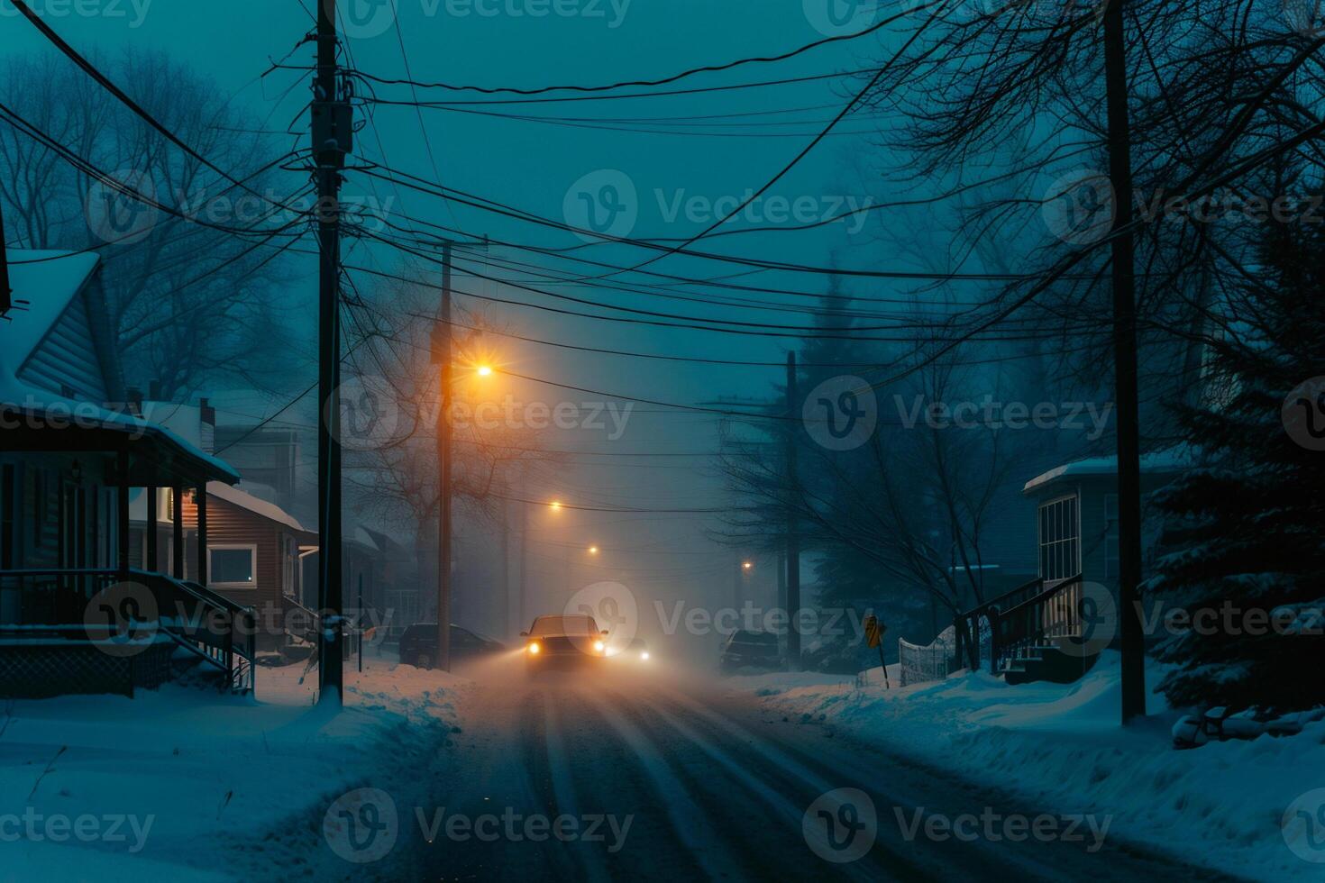 AI generated Winter road in the village at night with traffic lights and snow. photo