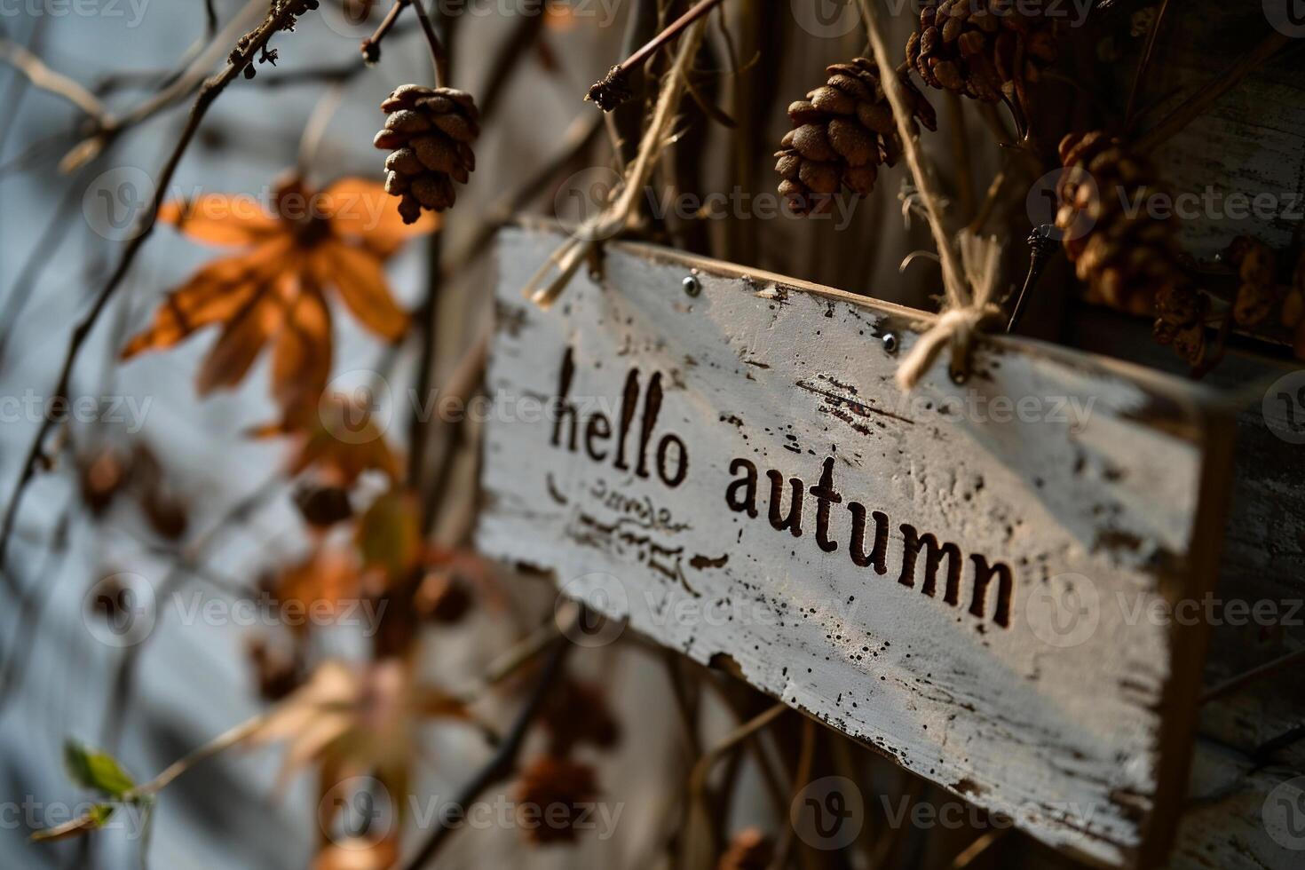 AI generated Wooden sign with the words hello autumn, on a rustic background photo