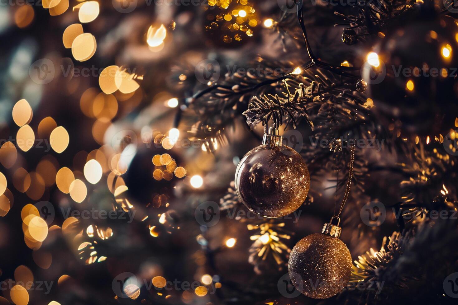 AI generated Christmas and New Year holidays background with bokeh lights and fir tree branches photo
