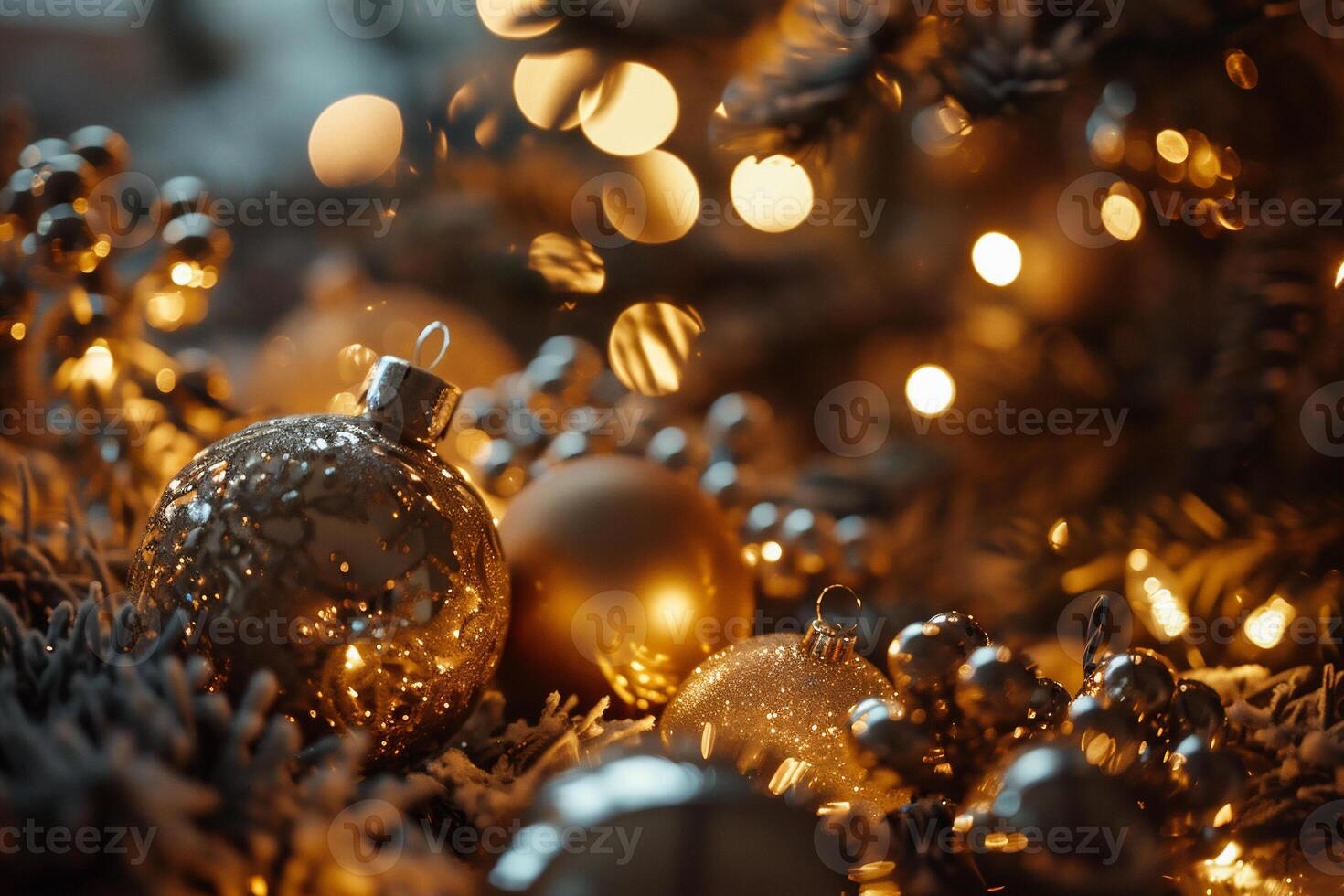 AI generated Christmas and New Year holidays background with bokeh lights and fir tree branches photo