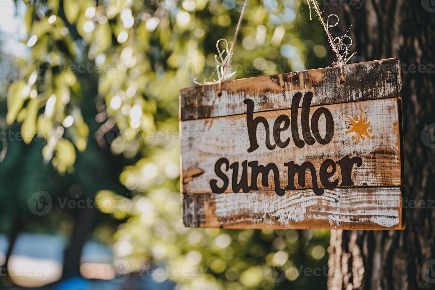 AI generated Wooden signboard with the text Hello Summer hanging on a tree photo