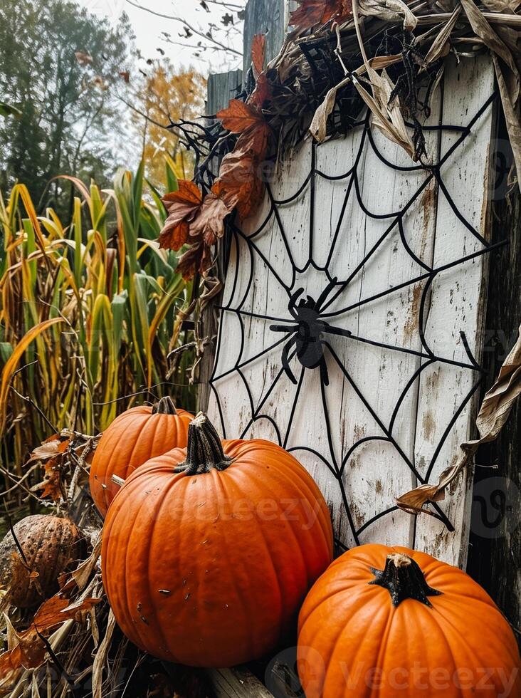 AI generated Halloween decorations with pumpkins in front of a rustic fence photo