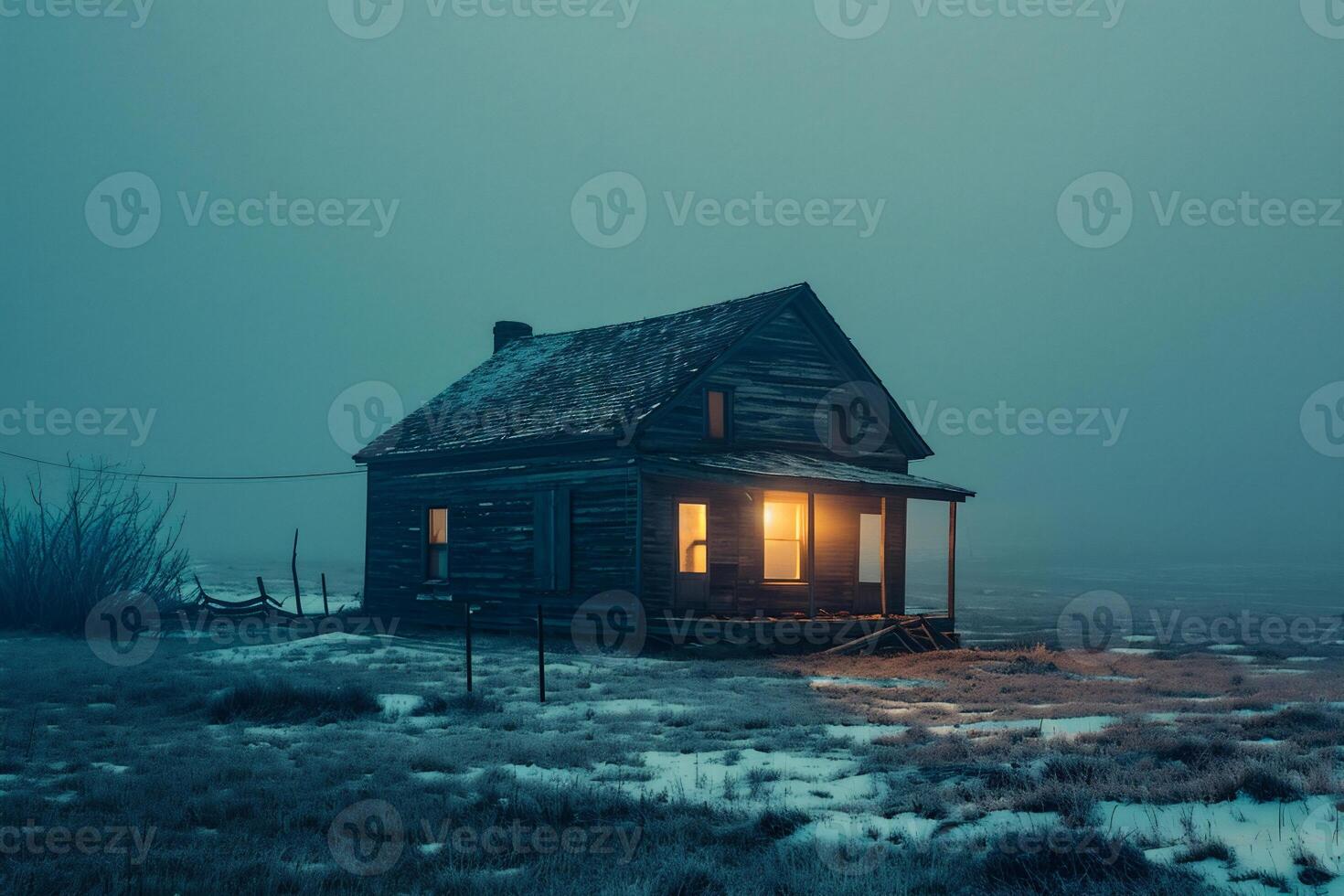 AI generated Old wooden house in a foggy winter night. Winter landscape. photo