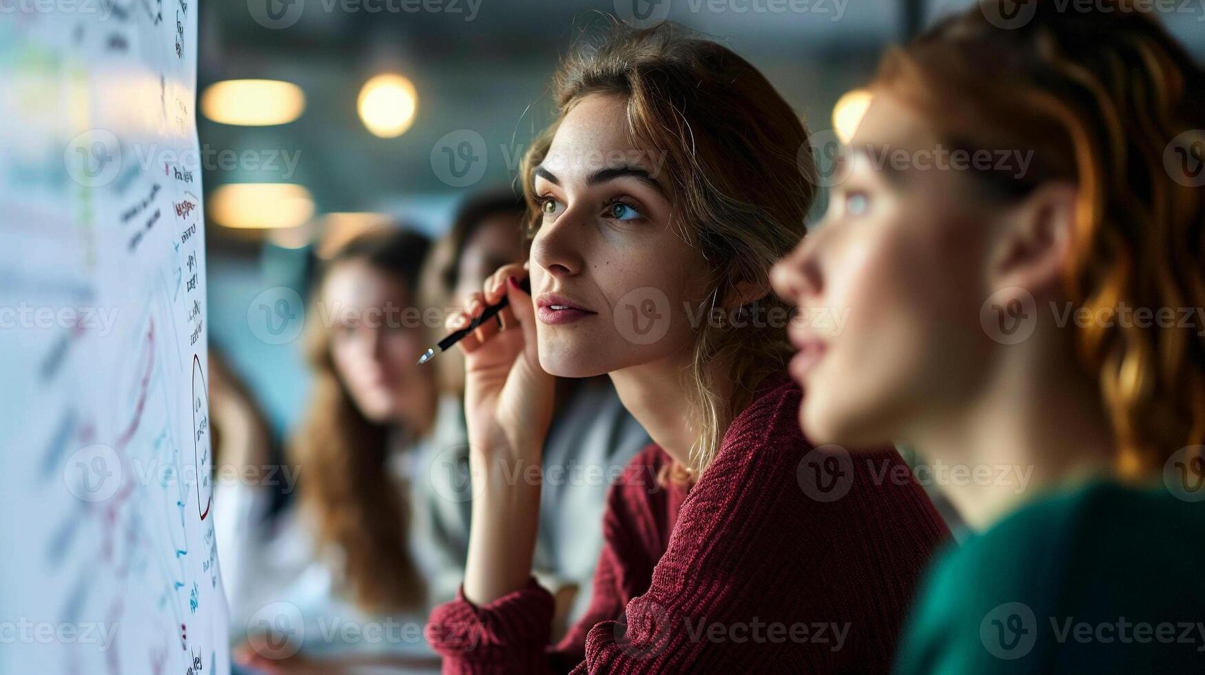 ai generado retrato de joven hembra estudiante mirando a pizarron en conferencia salón foto