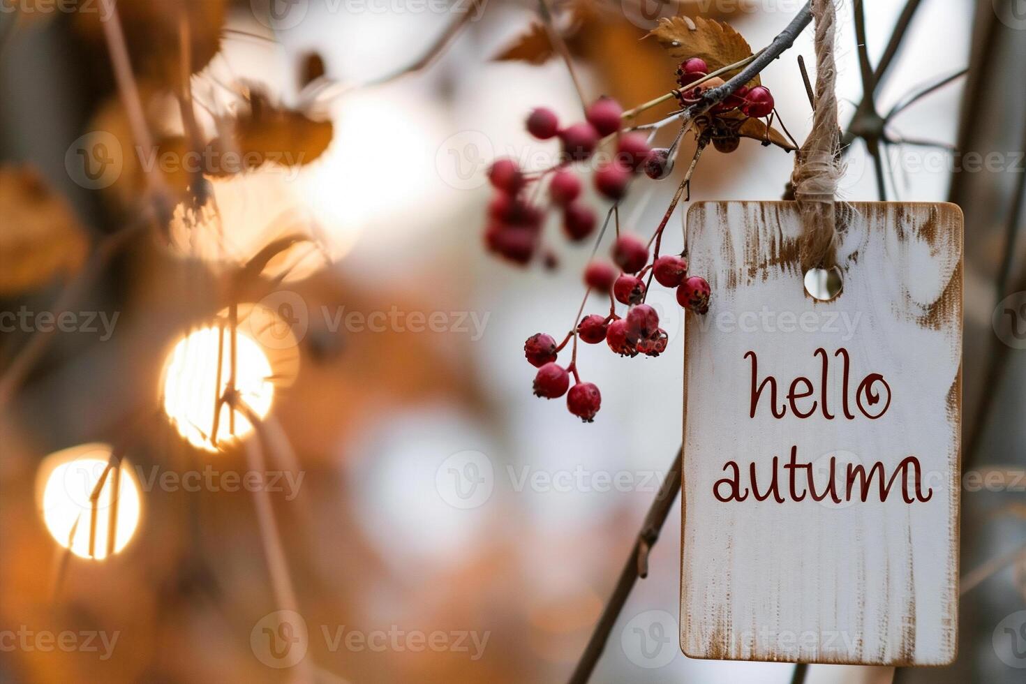 AI generated Hello autumn sign with rowan berry on blurred background. Fall season concept. photo