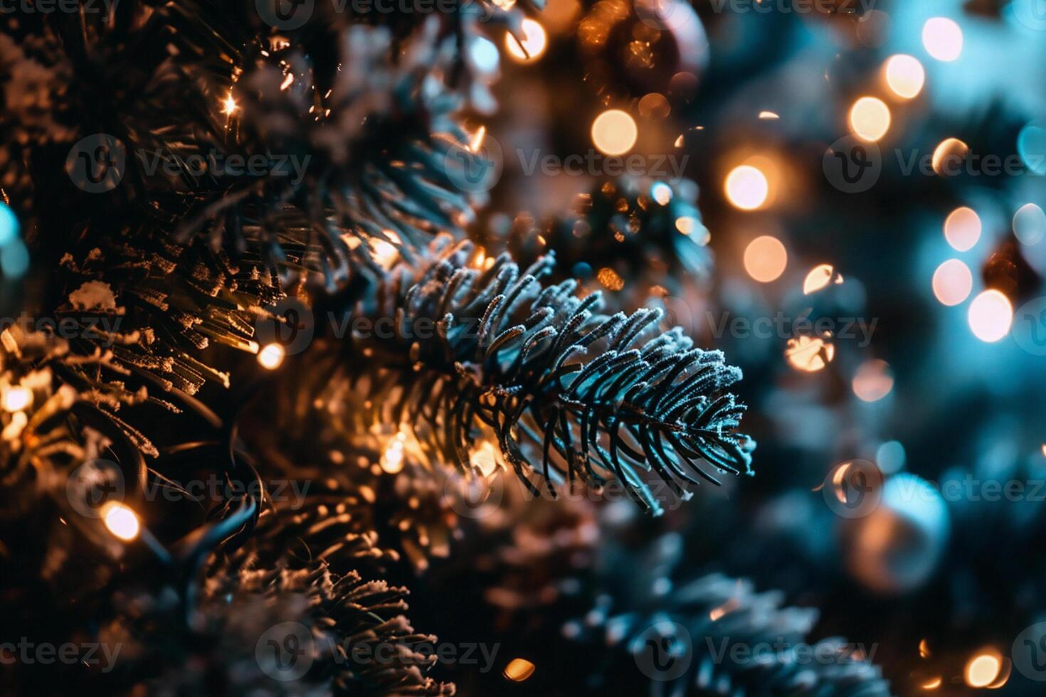 AI generated Christmas and New Year holidays background with bokeh lights and fir tree branches photo