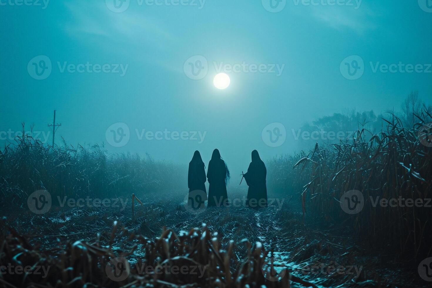 AI generated Silhouette of three women in the fog in a cornfield photo