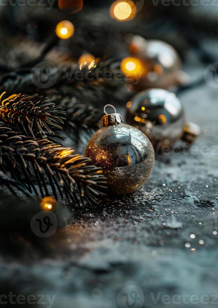 AI generated Christmas and New Year holidays background with bokeh lights and fir tree branches photo