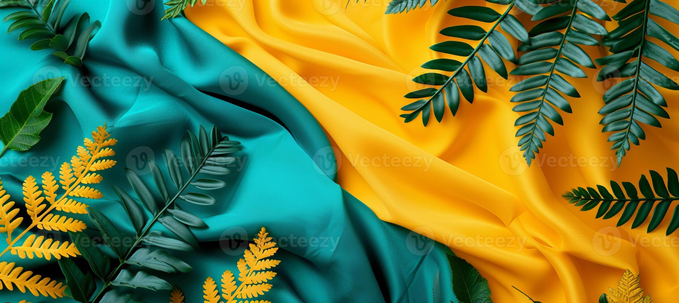 AI generated Abstract yellow and green background with leaves and semi transparent silk fabric waves photo